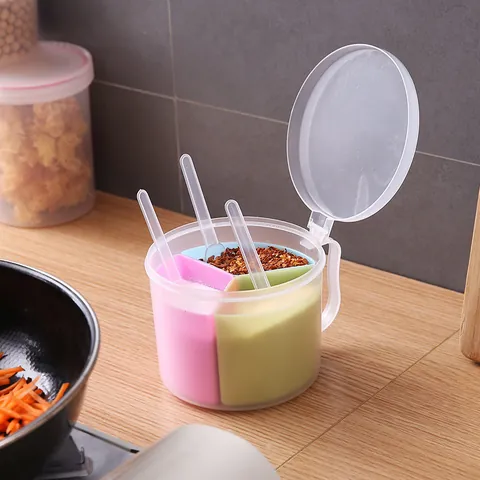 Round Seasoning Box With Transparent Lid And Spoons Multi-Compartment Spice Storage Container For Salt Sugar Kitchen