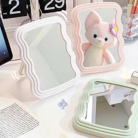Wave Border Desktop Makeup Mirror With Foldable Stand Portable Single Sided Standing Mirror For Bedroom Dormitory Desktop Decor
