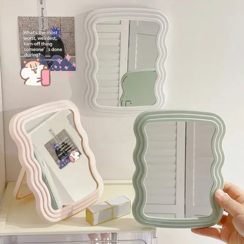 Wave Border Desktop Makeup Mirror With Foldable Stand Portable Single Sided Standing Mirror For Bedroom Dormitory Desktop Decor