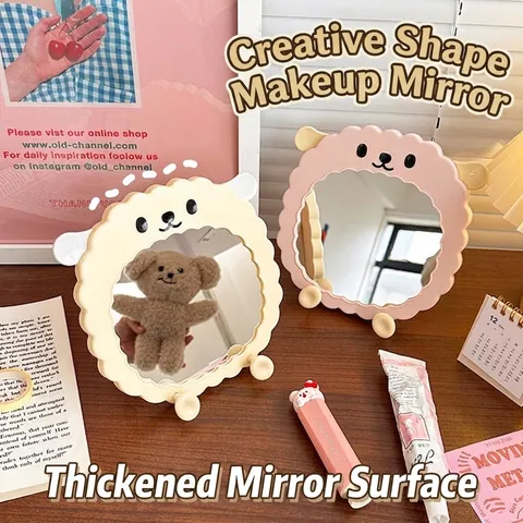 Cartoon Sheep Shape Desktop Makeup Mirror HD Glass Wavy Edge Stand Wall Hanging Vanity Mirror Plastic Decorative Mirror With Hook
