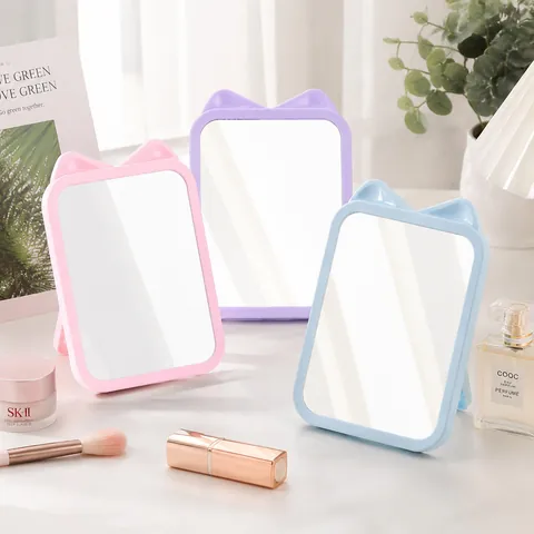 Süßer Cartoon Katzenohr Form Tisch Schminkspiegel Tragbar Faltbar Studentenwohnheim Frisiertisch Kleiner Quadratischer Glasspiegel Rosa Lila Blau Beige