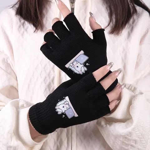 Winter Cartoon Druck Halbfinger Handschuhe Warme Gestrickte Fingerlose Handschuhe Für Studenten Büro Damen Täglich