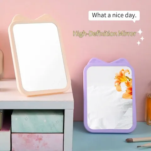 Süßer Cartoon Katzenohr Form Tisch Schminkspiegel Tragbar Faltbar Studentenwohnheim Frisiertisch Kleiner Quadratischer Glasspiegel Rosa Lila Blau Beige