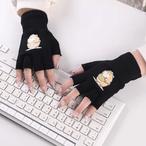 Winter Cartoon Druck Halbfinger Handschuhe Warme Gestrickte Fingerlose Handschuhe Für Studenten Büro Damen Täglich