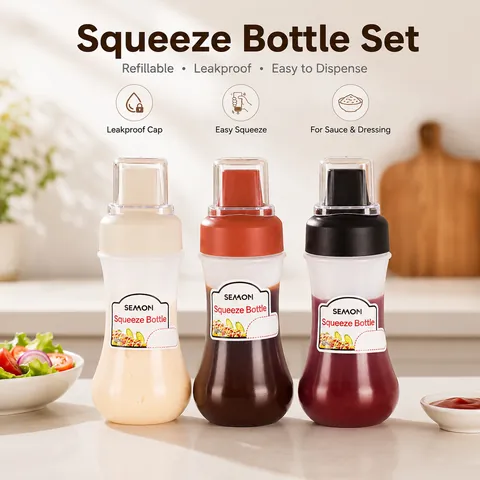 Five-Hole Squeeze Sauce Bottle Kitchen Condiment Dispenser With Dust Cover And Scale PE Material For Salad Ketchup Syrup