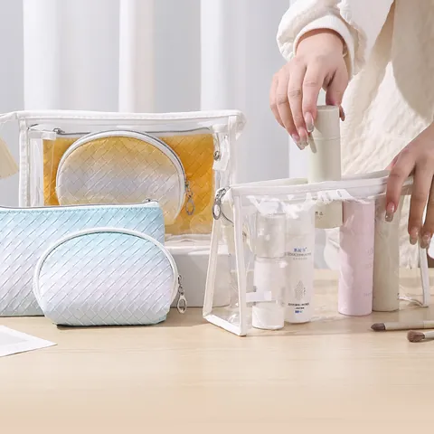 3-Piece Toiletry Bag Set Travel Portable Makeup Case Waterproof PVC Transparent Cosmetic Pouch With Woven Texture For Women