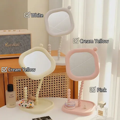 Cream Style Pearl Stand Desktop Makeup Mirror with Jewelry Storage Tray Portable Rotatable Student Dormitory Table Mirror
