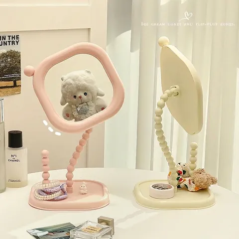 Cream Style Pearl Stand Desktop Makeup Mirror with Jewelry Storage Tray Portable Rotatable Student Dormitory Table Mirror