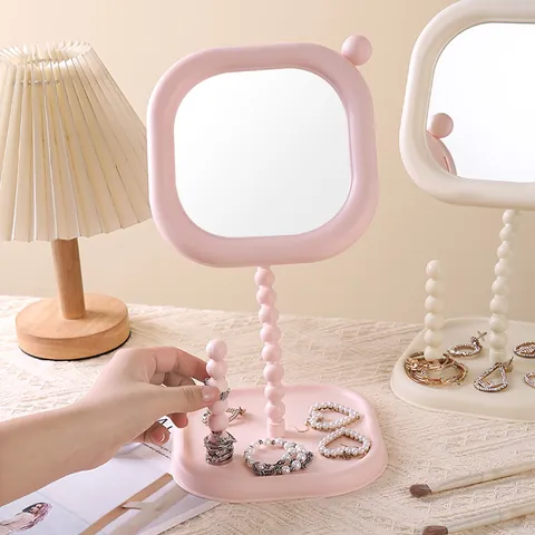 Elegant Creamy Style Pearl Stand Desktop Makeup Mirror Rotatable Square Vanity Mirror With Jewelry Storage Base For Women Bedroom