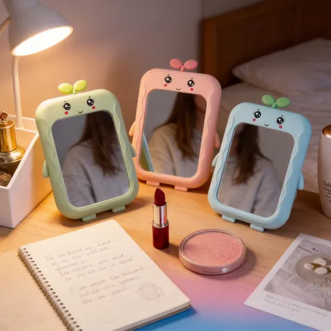 Cute Cartoon Sprout Desktop Makeup Mirror ABS Portable Folding Vanity Mirror Macaron Color Student Dormitory Mirror