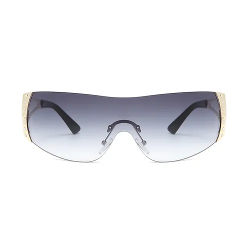 Lunettes de Soleil Bouclier Sans Monture Y2K pour Hommes Femmes Métal Strass Oversize Enveloppantes Sport UV400
