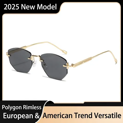 Polygon Diamond-Cut Rimless Metal Sunglasses For Women Men UV400 Protection Luxury Fashion Gradient Lens Tinted Eyewear