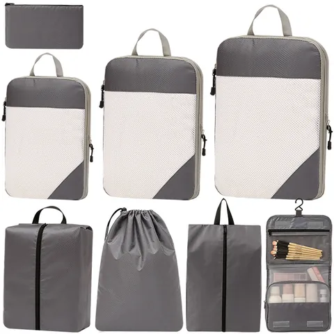Travel Luggage Compression Organizer Bag Set Rhombic Pattern Waterproof Polyester Expandable Storage Pouch For Clothes Shoes