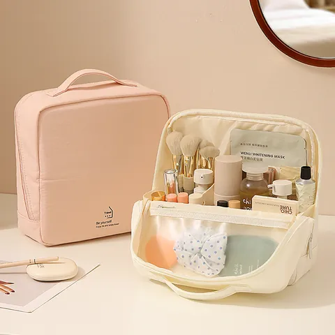 Bolsa de Cosméticos de Poliéster Minimalista Moderna Gran Capacidad Color Sólido Estuche de Almacenamiento de Viaje Organizador Multicapa Mujer