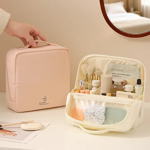 Bolsa de Cosméticos de Poliéster Minimalista Moderna Gran Capacidad Color Sólido Estuche de Almacenamiento de Viaje Organizador Multicapa Mujer