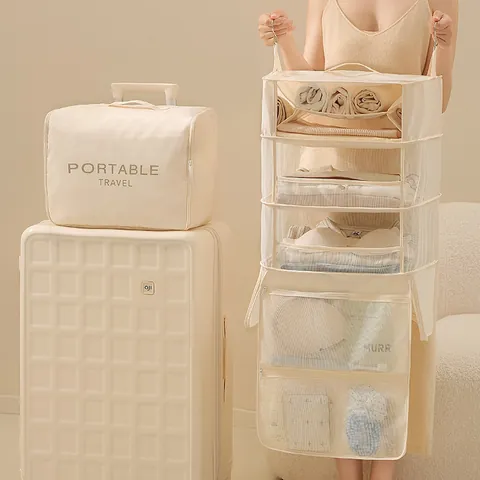Portable Twill Foldable Hanging Closet Organizer Travel Packing Cubes Wardrobe Shelves Storage Bag Suitcase Accessories