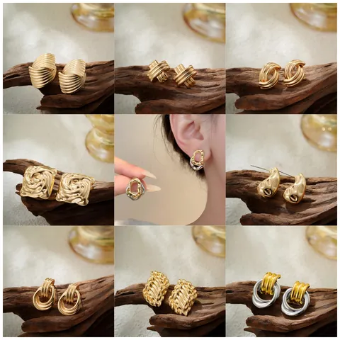 Vintage 18K Gold Plated Irregular Geometric Alloy Stud Earrings For Women Stainless Steel Post Rhinestone Fashion Jewelry