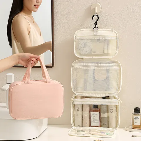 Taslon Triple Foldable Toiletry Storage Bag Large Capacity Hanging Makeup Organizer Bag For Business Travel Moving Home Portable Handheld Bag
