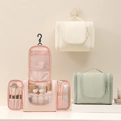 Borsa da Toilette in Poliestere Taslan ad Alta Capacità con Tre Cerniere Organizzatore Trucco da Viaggio Portatile da Appendere