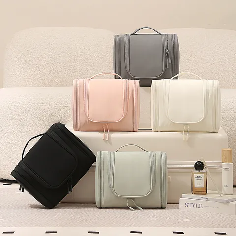 Borsa da Toilette in Poliestere Taslan ad Alta Capacità con Tre Cerniere Organizzatore Trucco da Viaggio Portatile da Appendere