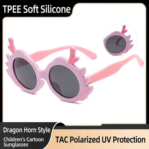 Kids Cartoon Dragon Horn Sunglasses TPEE Flexible Frame TAC Polarized UV400 Protection For Boys Girls Travel Beach Gifts
