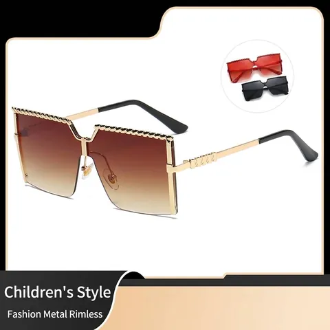 Kids Metal Semi-Rimless Sunglasses Fashion Large Frame UV400 Protection Gradient Lens Square Sunglasses For Boys Girls