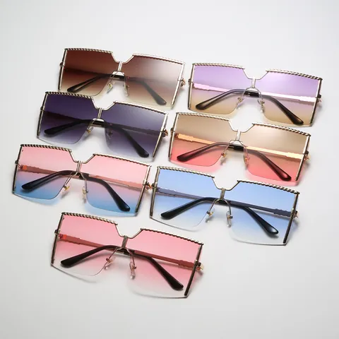 Lunettes de Soleil Carrées Surdimensionnées pour Femmes Demi-Monture Mode Monture Métal UV400 Verres Dégradés Lunettes de Soleil Élégantes