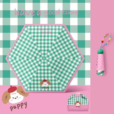 Mini 5-Fold Manual Umbrella with UV Protection Black Glue Coating Cartoon Puppy Plaid Pattern Portable Sun Rain Umbrella for Women Girls