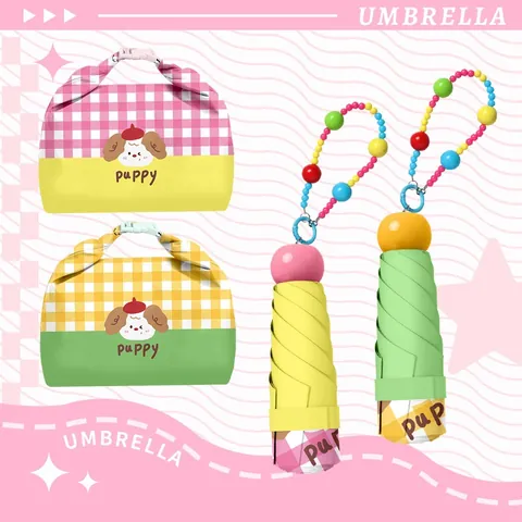 Mini 5-Fold Manual Umbrella with UV Protection Black Glue Coating Cartoon Puppy Plaid Pattern Portable Sun Rain Umbrella for Women Girls