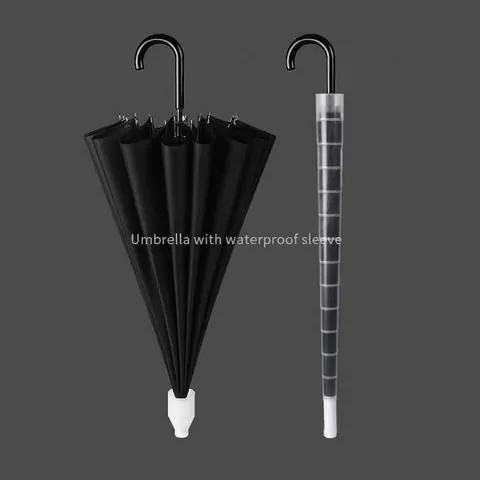 Windproof 16 Ribs Automatic Long Handle Straight Umbrella With Telescopic Waterproof Case Large Sun Protection Pongee Umbrella