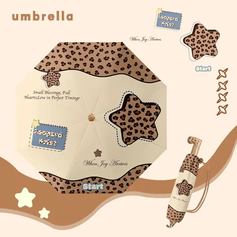 Paraguas Plegable de 3 Pliegues con Protección UV Revestimiento Negro Patrón de Leopardo y Estrellas para Mujer Estudiante