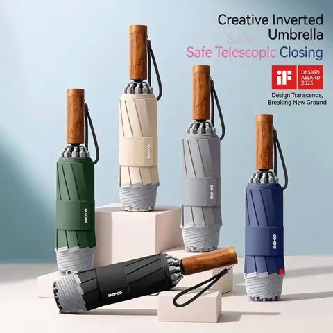Automatic Reverse Folding Umbrella Reinforced Ribs Safety Reflective Strip Wood Grain Handle UV Protection Rain Sun Umbrella