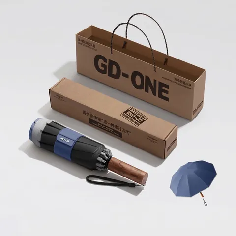 Automatic Windproof Folding Umbrella Black Glue Sunshade Rainproof Pongee Wood Grain Handle 10 Ribs Inverted Umbrella For Men Women