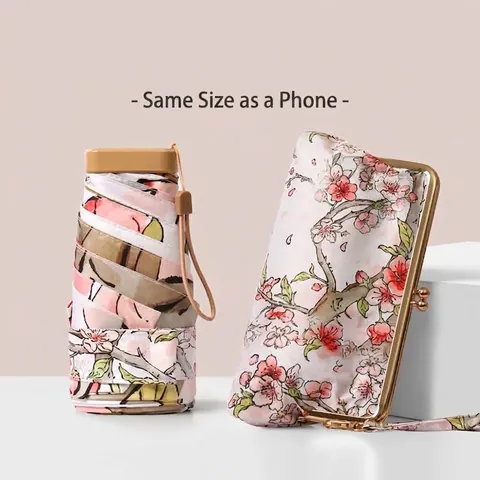 Mini Portable Sun Umbrella UPF50 UV Protection Pocket Parasol 6-Fold Compact Floral Pattern Umbrella With Storage Bag For Women