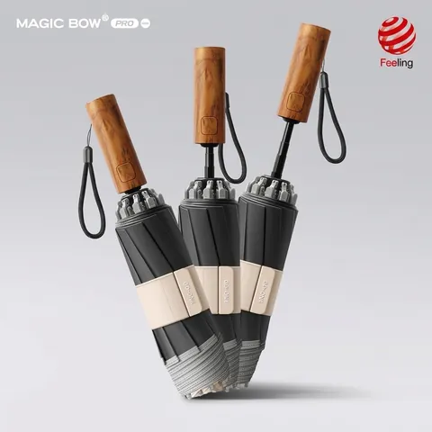 Automatic Windproof Folding Umbrella Black Glue Sunshade Rainproof Pongee Wood Grain Handle 10 Ribs Inverted Umbrella For Men Women