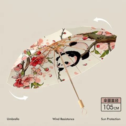 New Chinese Style 24 Ribs Sunscreen Umbrella Reinforced Large Foldable UV Protection Sun And Rain Umbrella Wood Handle