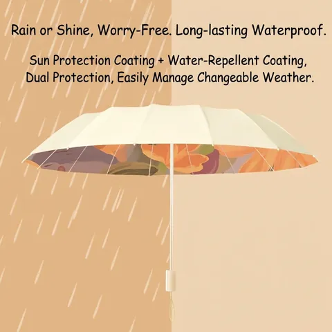 Vintage New Chinese Style 16 Ribs Manual Folding Umbrella UV Protection Pongee Cloth Wooden Handle Floral Print Sunshade For Women