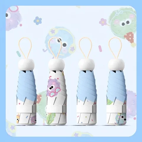 Mini Portable 5-Fold Sun Rain Umbrella UPF 50+ UV Protection Vinyl Coated Pongee Pocketsize Parasol Cartoon Animal Floral Pattern Women Travel Gift