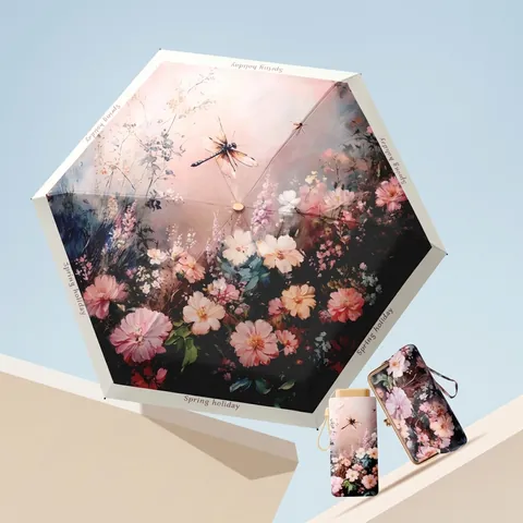 Artistic Floral Mini Folding Sun Umbrella UV Protection Portable Lightweight Parasol With Matching Storage Bag For Women Everyday Use
