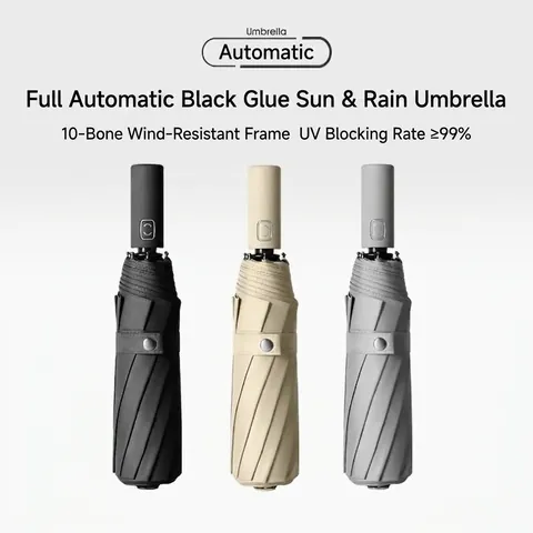 Fully Automatic Folding Umbrella 10/12 Ribs Windproof UV Protection Black Coating Sunshade Rain Parasol For Adults