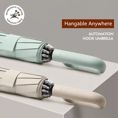 Fully Automatic Reverse Folding Umbrella With Ring Buckle Handle Large Windproof 10 Ribs Pongee Fabric Sun Rain Umbrella For Car Travel Adults