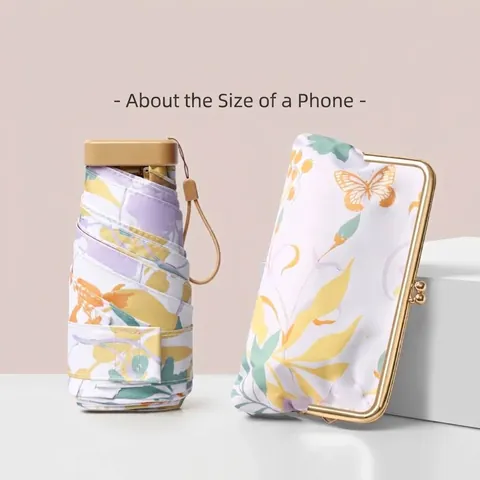 Mini Portable Sun Umbrella UPF50+ UV Protection Folding Parasol With Floral Print Pouch For Women Travel Daily Outdoor Use