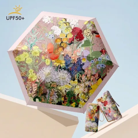 Mini Floral Sun Rain Umbrella UPF 50 Plus UV Protection Portable Foldable Parasol With Matching Pouch For Women Travel