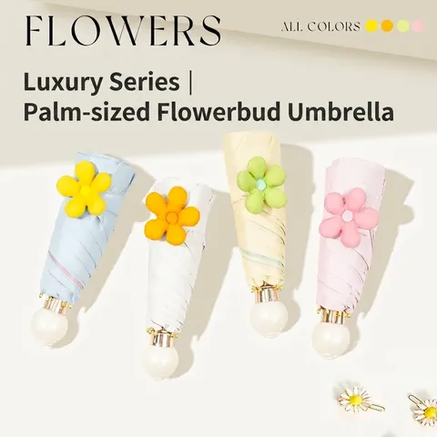 Portable UV Protection Sun Rain Umbrella For Women Mini 5-Fold Flat Pongee Sunshade With Pearl Handle Flower Bud Design