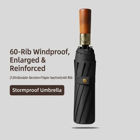 Automatic Folding Umbrella Wood Handle Windproof UV Protection Large Reinforced Parasol For Rain Sun Men Women Business Style