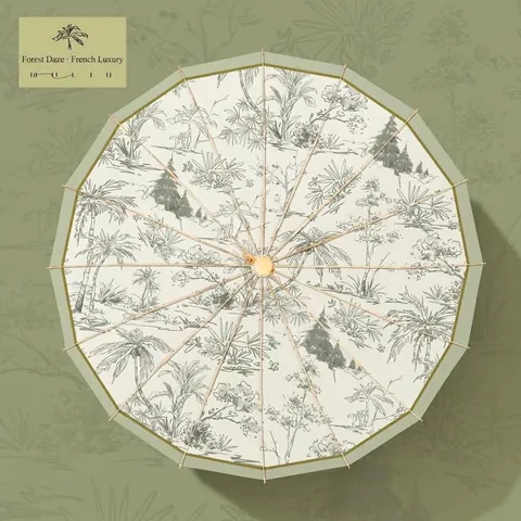 Französischer Luxus 16 Rippen Großer Faltbarer Regenschirm Sonnenschirm Winddicht UV-Schutz Retro Wald Druck Damen