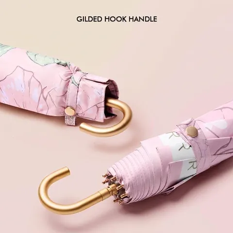 Portable UV Protection Folding Umbrella With Gilded Hook Handle Floral Print UPF50 Plus Lightweight Travel Parasol For Women