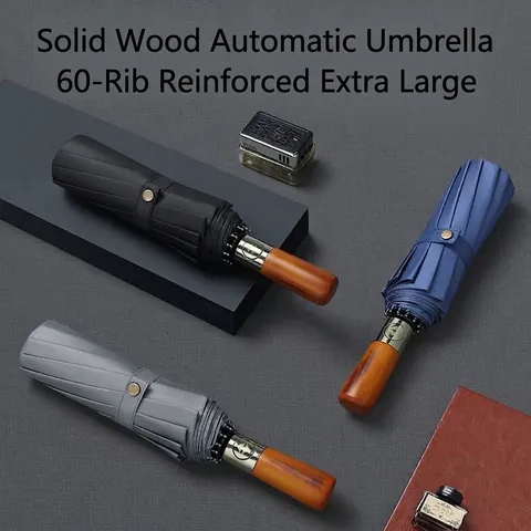 Automatic Folding Umbrella Wood Handle Windproof UV Protection Large Reinforced Parasol For Rain Sun Men Women Business Style