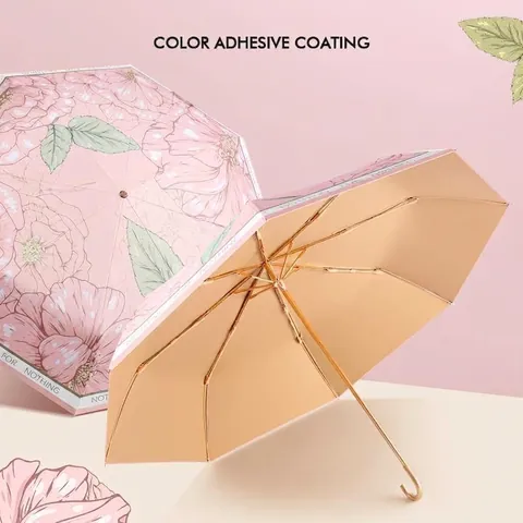 Portable UV Protection Folding Umbrella With Gilded Hook Handle Floral Print UPF50 Plus Lightweight Travel Parasol For Women