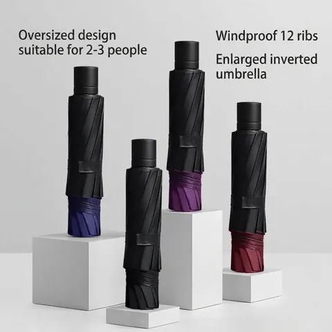 Extra Large Folding Umbrella Windproof 12-Rib Sun Rain Umbrella Manual Inverted Reverse Umbrella With Black Glue Coating Pongee Fabric For Men Women